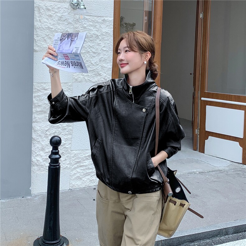 仿蛋白PU皮衣外套女2025秋季新款高级感翻领夹克女韩版时尚显瘦潮，女装皮衣，意芙