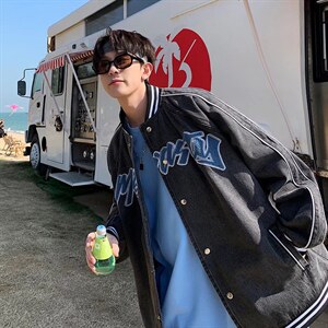 男春季长袖棒球领单排扣宽松潮流牛仔夹克潮百搭J2176P78，男装夹克，星座1116-2