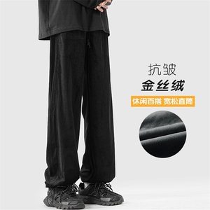 特P40无差价秋新港风金丝绒休闲抽绳束脚裤男宽松大码拖地裤K1263图片