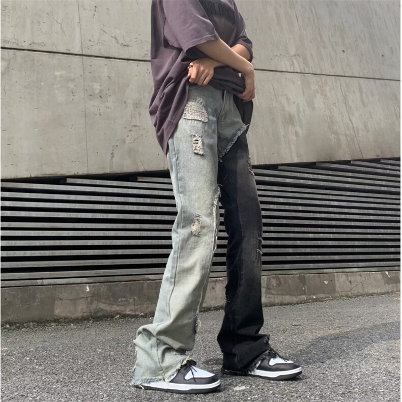 美式高街vibe风裤子男小众设计感毛边破洞拼接牛仔裤BK43-P70图片
