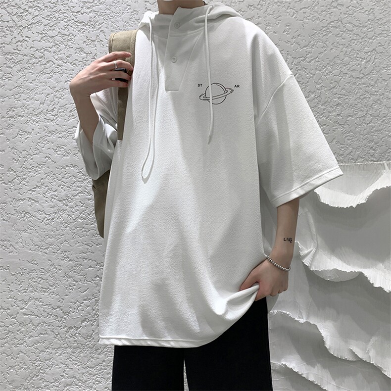 LD54238-P45连帽短袖t恤男大码胖子带帽五分袖中袖,男装T恤,电商A040