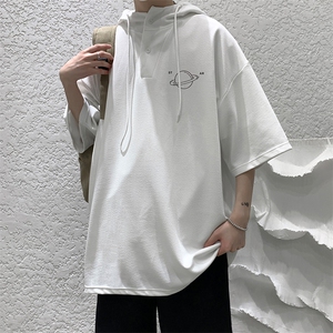 LD54238-P45连帽短袖t恤男大码胖子带帽五分袖中袖
