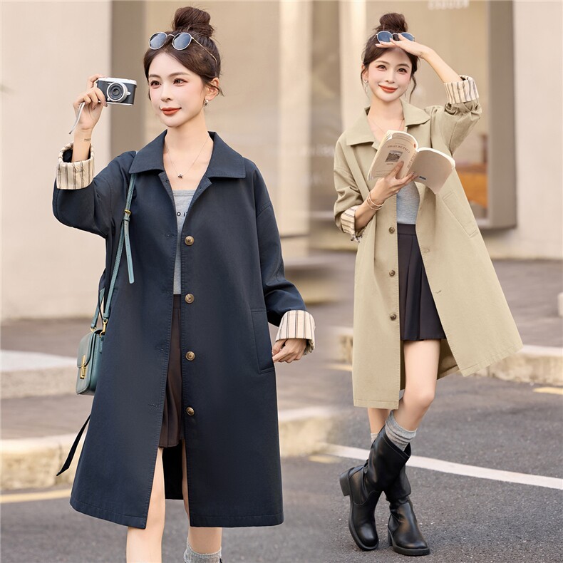 2025时尚巴恩风长款撞色收腰风衣经典轮廓英伦风气质系带休闲大衣，女装风衣，贵人树