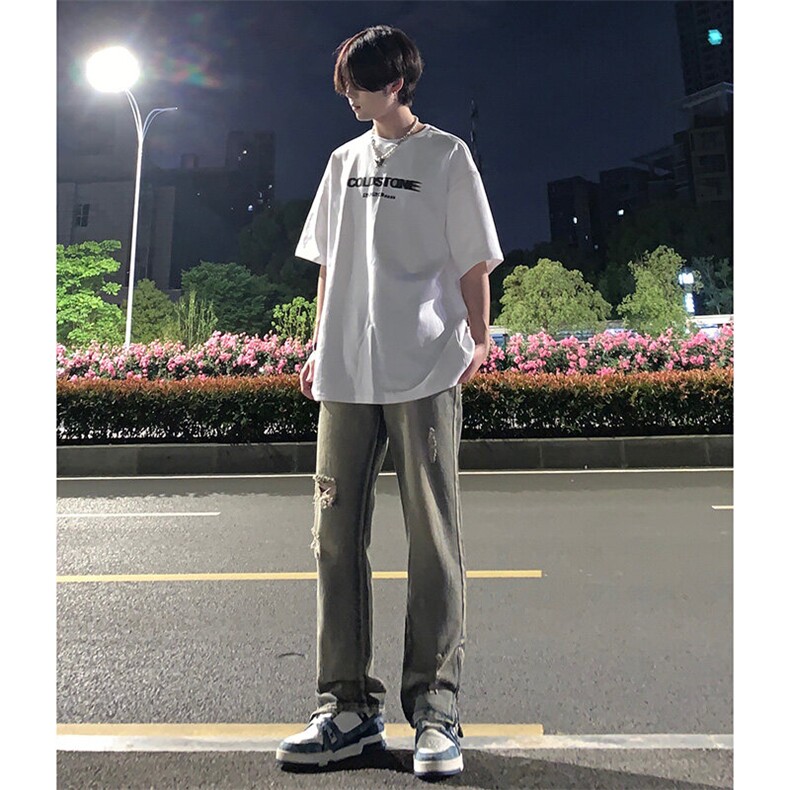 欧美hiphop街头破洞牛仔裤直筒微喇叭修身vibe美式乞丐裤潮牌,男装牛仔裤,星座310A-4