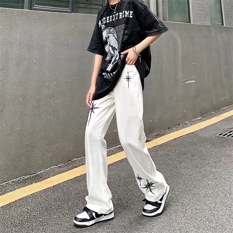 潮新款休闲裤男女街头嘻哈宽松情侣直筒长裤刺绣星星ZG01P45图片