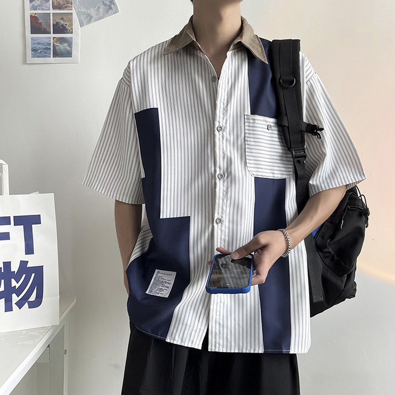 夏季条纹拼接短袖衬衫男潮牌宽松日系情侣装休闲衬衣W7131-P34,男装衬衫,星座512-2