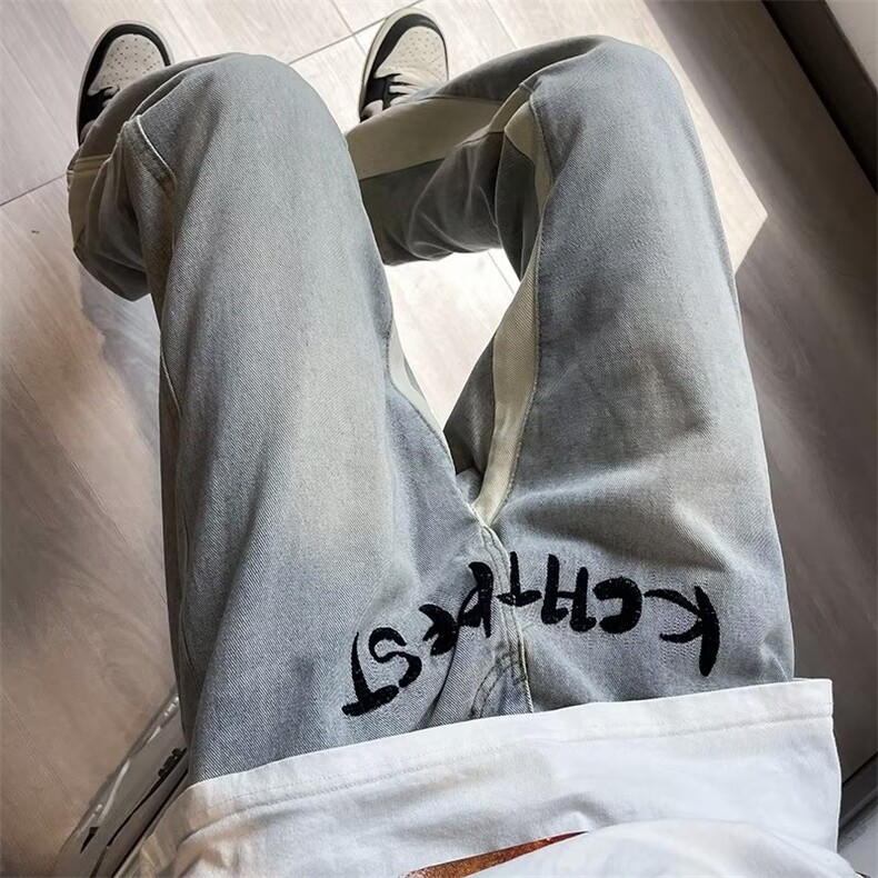 美式高街牛仔裤男秋季设计感小众长裤子刺绣直筒微喇裤女NL83-P50,男装牛仔裤,星座1008