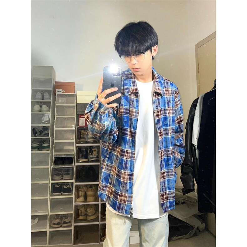 【有货】毛边破坏格子衬衫男长袖高级感拉链衬衣外套2503CC-特P45图片