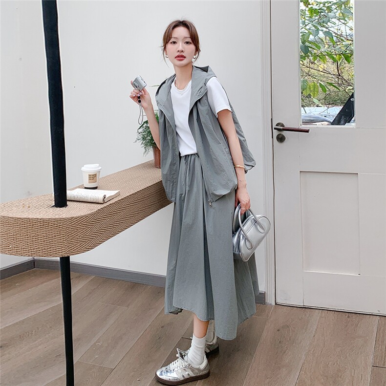 韩版休闲三件套装女夏季2025新款时尚连帽马甲不规则半身裙套装裙,女装套装/套裙,辉之琳