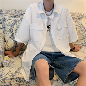 C3070/P35新款男士冰丝工装多口袋短袖衬衣男韩版潮大码外套衬衫，男装衬衫，电商A141