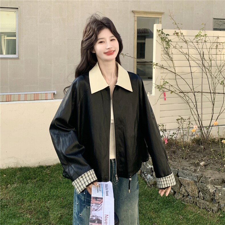 黑色皮衣拼接白色皮领袖子拼格子短外套2C375-610-P155-K248,女装短外套,2C375