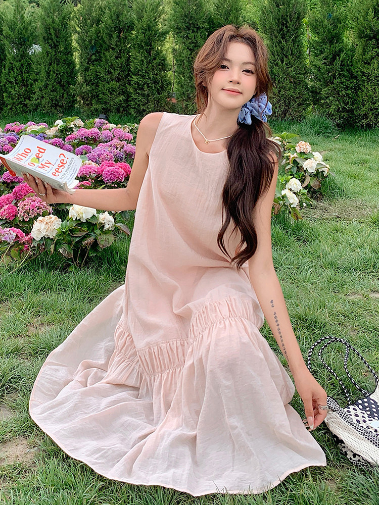 设计感小众露背无袖连衣裙女2025夏季新款韩系甜美宽松背心长裙潮,女装连衣裙,浙宝305
