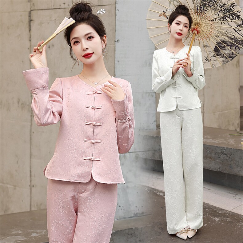 新中式国风套装女2024春秋新款禅意茶服复古盘扣唐装阔腿裤两件套,女装套装/套裙,韩美纤衣