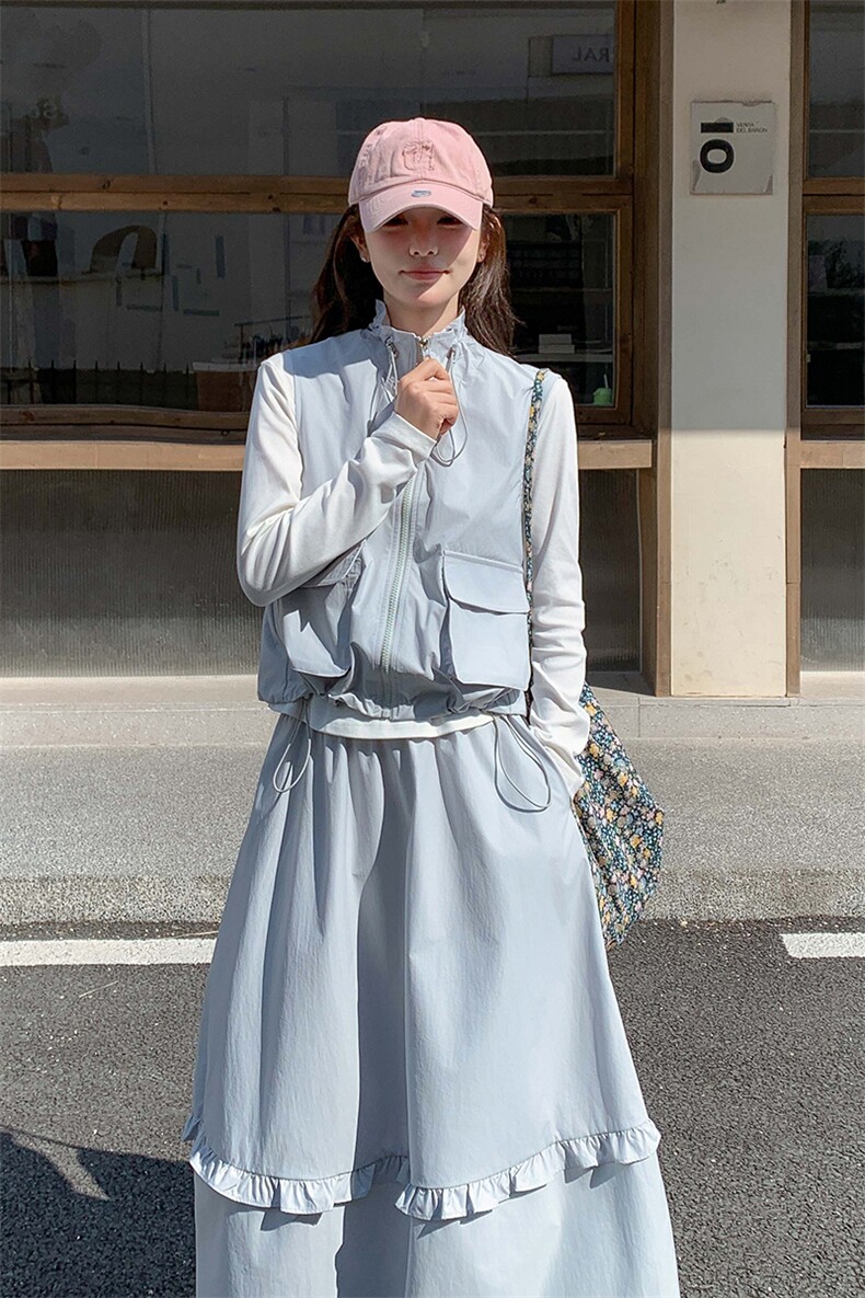 蓝色韩系学院风套装裙女春季2025新款减龄打底衣马甲半身裙三件套,女装套装/套裙,诺蝶
