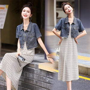 时尚牛仔条纹两件套显瘦修身夏季新款女装套装,晚礼服女装设计搭配图片