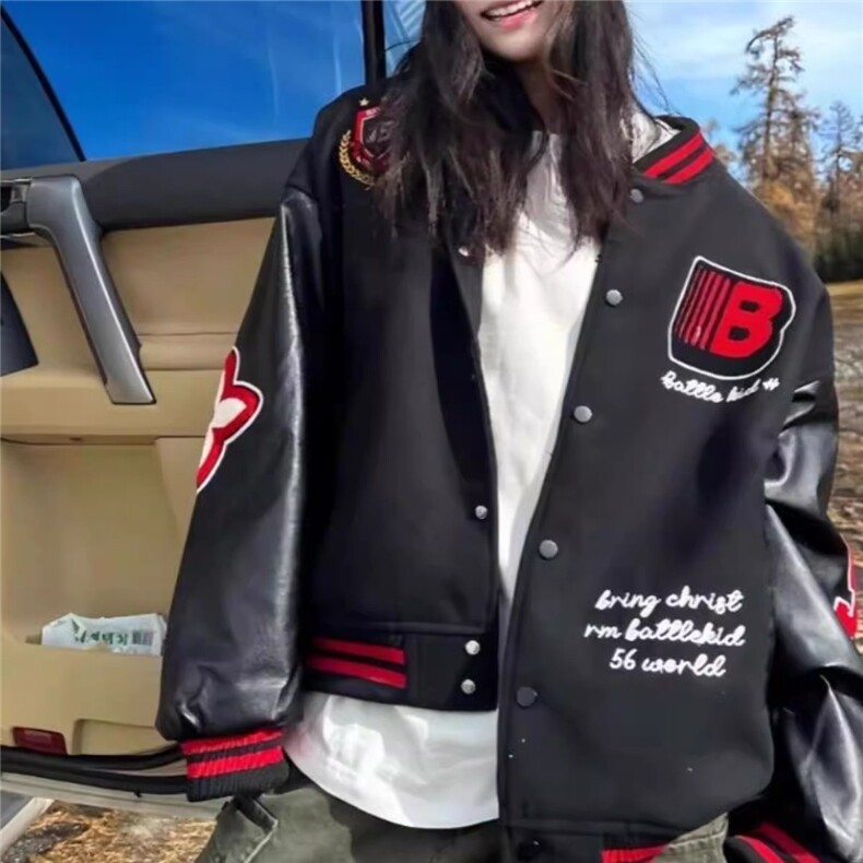 美式复古盾徽撞色夹克男女校园风外套加棉加厚保暖潮流JK892-P70图片