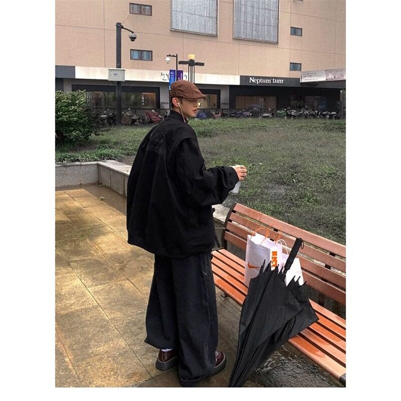 全黑廓形大版外套复古水洗全棉万针刺绣防风衣,男装夹克,星座506A