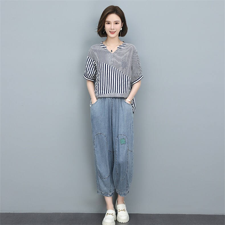 时尚条纹短袖上衣+牛仔阔腿裤套装显瘦百搭休闲两件套,女装套装/套裙,叶笙衣