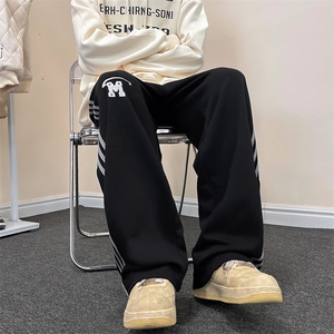 直筒三道杠休闲裤秋冬季黑色松紧腰卫裤男女潮牌运动长裤-K6111图片