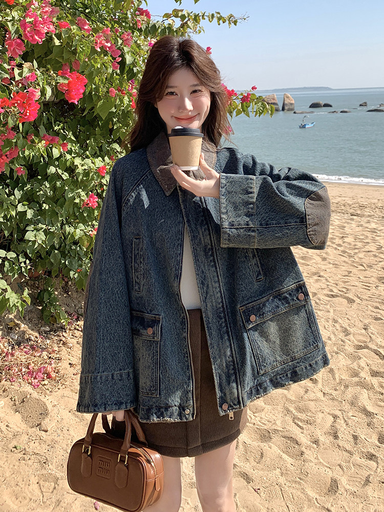 蓝色复古撞色拼接牛仔外套女2025春秋新款设计感炸街翻领夹克上衣,女装短外套,含赞