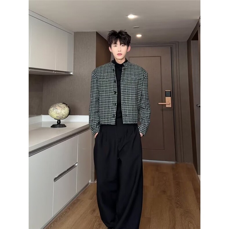 小香风短款垫肩格子外套男高级感痞帅飞行夹克新中式西服上衣网图,男装西服,星座302B-2