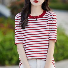 夏季拼色精纺羊毛针织短袖女圆领条纹半袖T恤打底衫宽松内搭上衣，女装羊毛衫，朝贺羊绒
