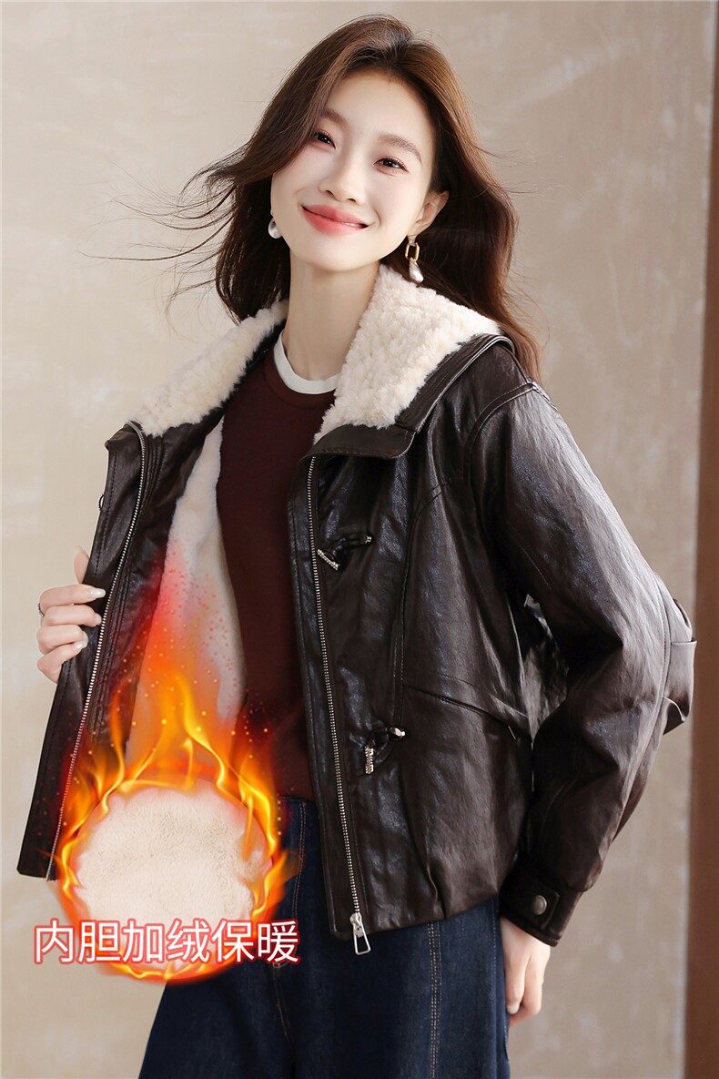 现货！现货！加绒加厚皮衣女2025冬季新款羊羔毛翻领棉衣棉服,女装棉衣/棉服,以桐