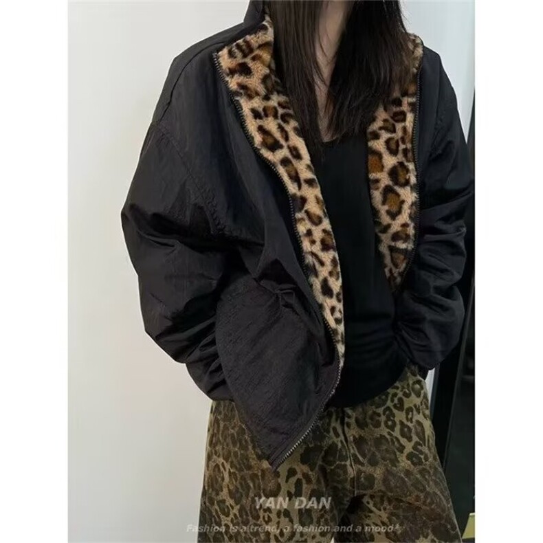 现货复古情侣装豹纹棉服双面穿外套保暖潮街头秋冬棉衣MY623-P80图片