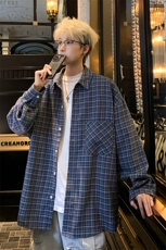 衬衫男秋季新款港风宽松大码磨毛格子长袖衬衣CS580-P38(现货），男装衬衫，星座214-3