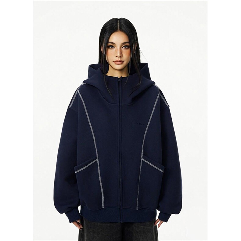 抖音得物高品质秋冬美式高街重磅结构辑明线纹理连帽卫衣外套W111，女装短外套，电商A486-1