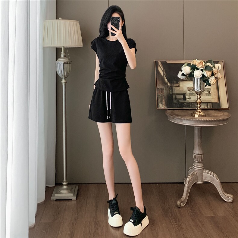 盐系穿搭休闲时尚套装女夏新款减龄显瘦圆领短袖上衣短裤两件套潮，女装套装/套裙，江南