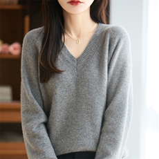 2025年秋季时尚百搭通勤简约休闲V领宽松羊毛衫，女装羊毛衫，贝美羊绒