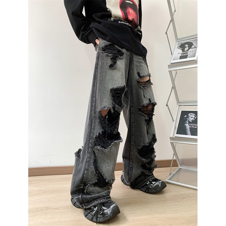 夏季潮流破洞牛仔裤男2024新款高街设计感百搭长裤 现货K7954-P44图片