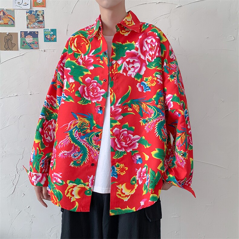C203装春长袖男士宽松东北大花港风衬衣外套民族特色牡丹花衬衣，男装衬衫，星座115A(原星座507）
