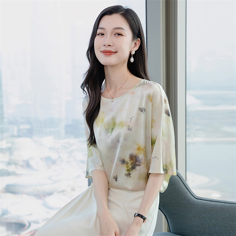 圆领印花真丝上衣女五分袖2026装短袖T恤半袖妈妈装真丝小衫,女装衬衫,阿舍尔精品