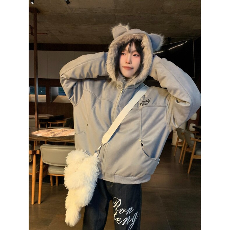 美式毛领兔耳座山雕棉衣男女冬季情侣棉服麂皮绒外套,男装棉衣,星座506A
