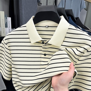 黑白条纹短袖t恤男2025新款夏装青年休闲潮流polo衫男上衣服翻领图片