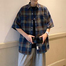 2026夏宽松潮男休闲五分袖衬衫半袖格子衬衣C600/P35蓝色，男装衬衫，电商A094