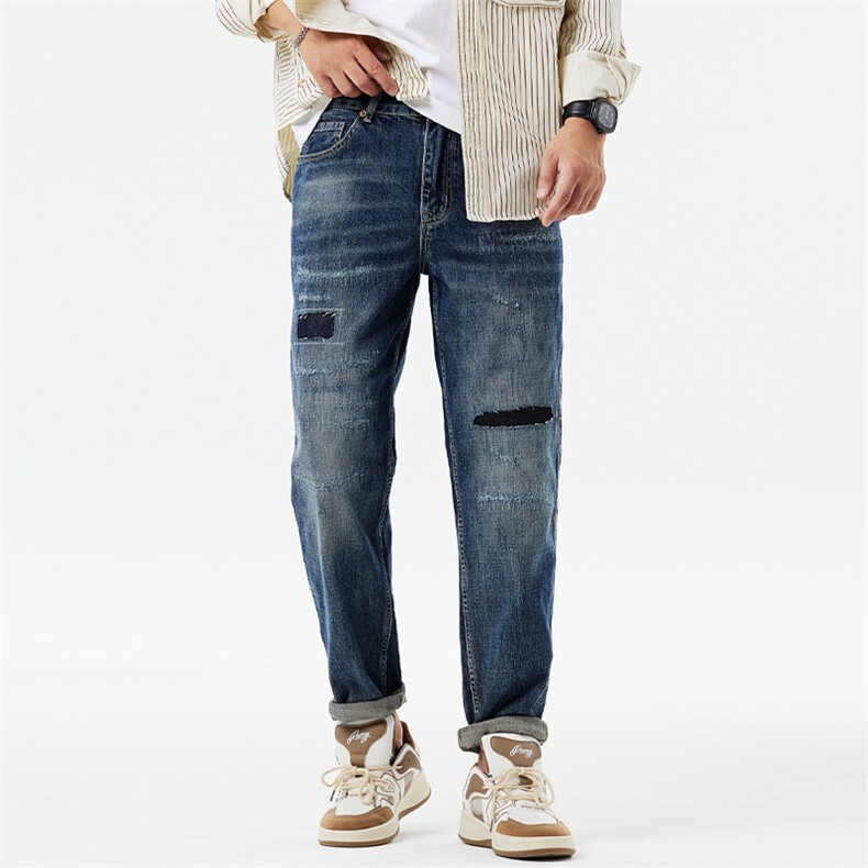 B230档2025秋冬新款潮牌潮流破洞贴布宽松直筒牛仔裤男9693P95，男装牛仔裤，电商B230