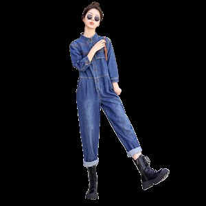 时尚显瘦牛仔连体裤女宽松高腰长袖休闲工装裤百搭气质外套春装新款，女装连体裤，秋水欣儿