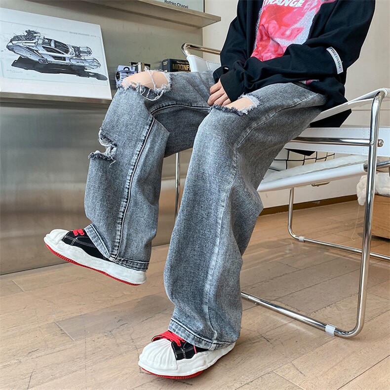 嘻哈破洞牛仔裤男街头宽松直筒高街潮牌牛仔长裤1001-1-PL930-P45,男装牛仔裤,星座1001-1