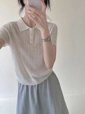 2025夏季翻领小麻花短袖，女装针织衫/毛衣，兰叶羊绒