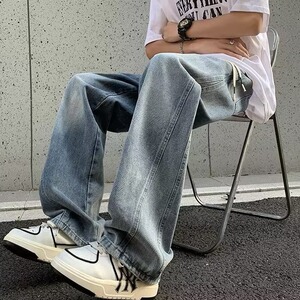 简约经典抽绳牛仔裤男生青少年男孩潮牌无弹宽松直筒长裤7076/P45图片