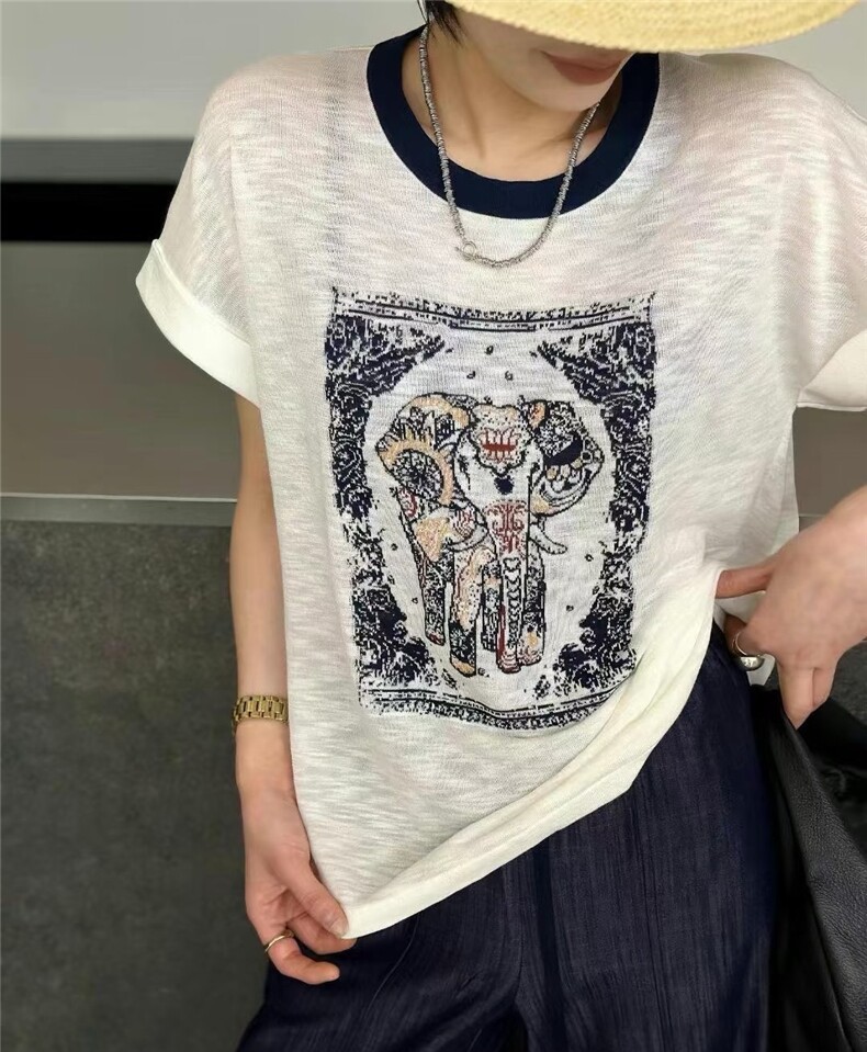 2025年秋季不连帽圆领撞色民族风象图案短袖时尚百搭，女装T恤，圣旺供货