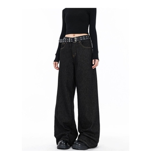 W11060-P48 网图现货 新款丹宁原色宽松阔腿牛仔裤美式高街弯刀裤图片