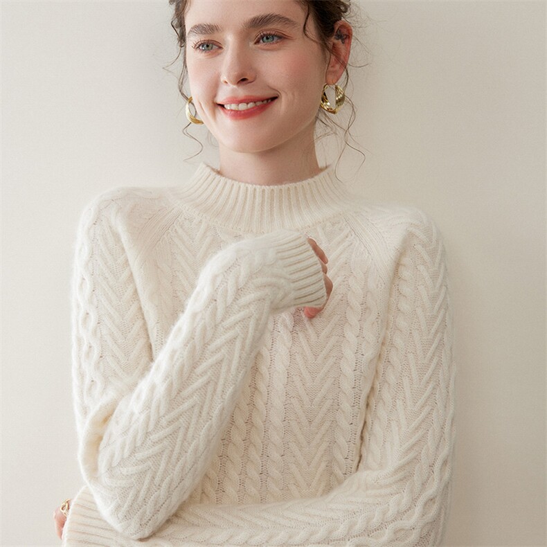 高端半高领山羊绒衫女气质双股加厚提花针织保暖套头打底毛衣内搭，女装针织衫/毛衣，绒又羊绒