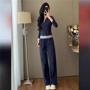 高品质时尚气质减龄套装女初秋新款拼接假两件上衣阔腿长裤两件套图片