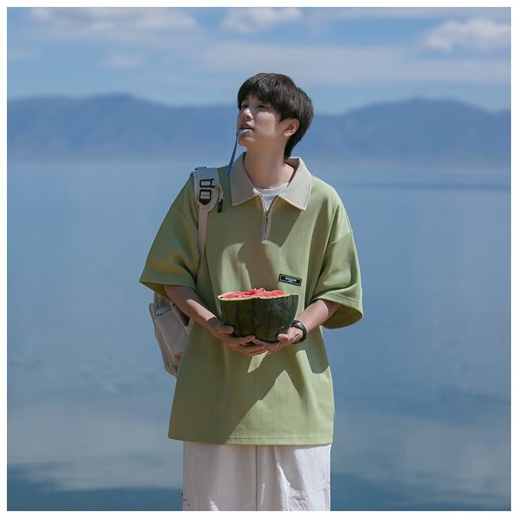 日系高级感polo衫男短袖夏季薄款ins潮牌复古重磅半袖t恤,男装T恤,星座506A