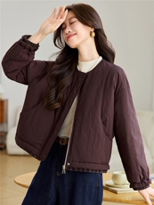 2025年冬季宽松圆领格子下摆拼接轻薄棉服棉衣短外套，女装棉衣/棉服，简韵佳