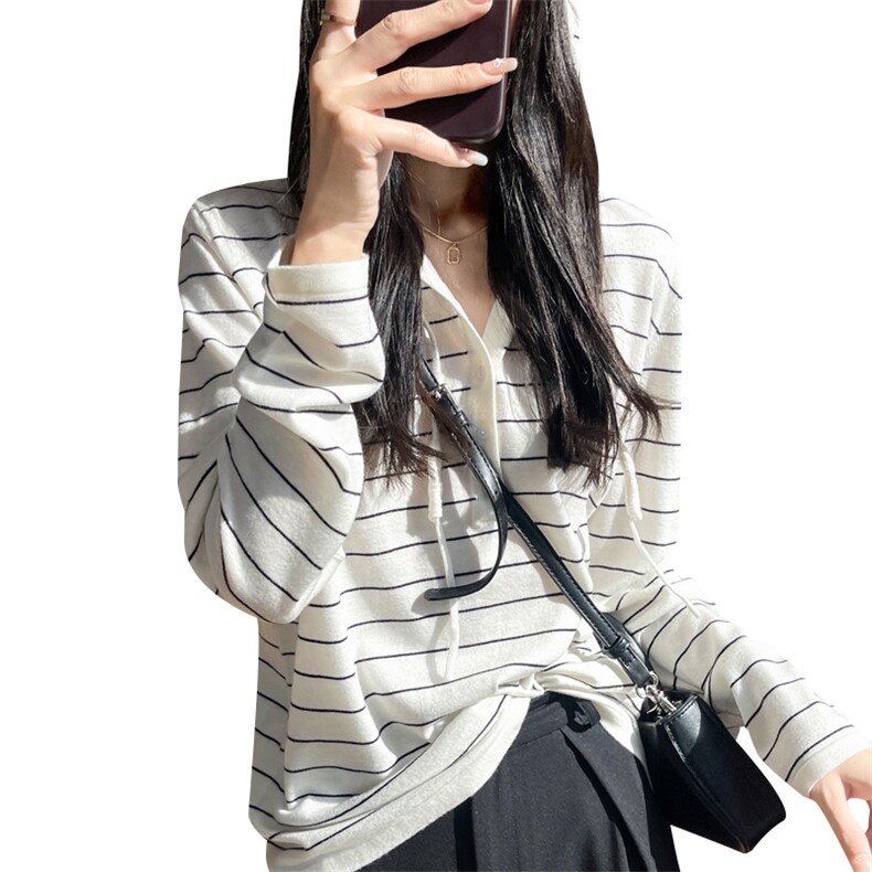 韩系条纹连帽针织打底衫女2025春秋薄款精纺羊毛长袖内搭外穿毛衫,针织衫/毛衣,昭美羊绒
